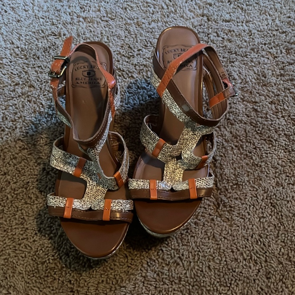 Lucky Brand Cork Wedge Platform Espadrille Sandal Size 8.5 Brown Orange Gray